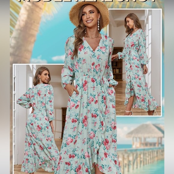 NWT 2 dresses! SPIEZ Women's Floral Printed V Neck Dress Long Sleeve Maxi Size M - Picture 2 of 8